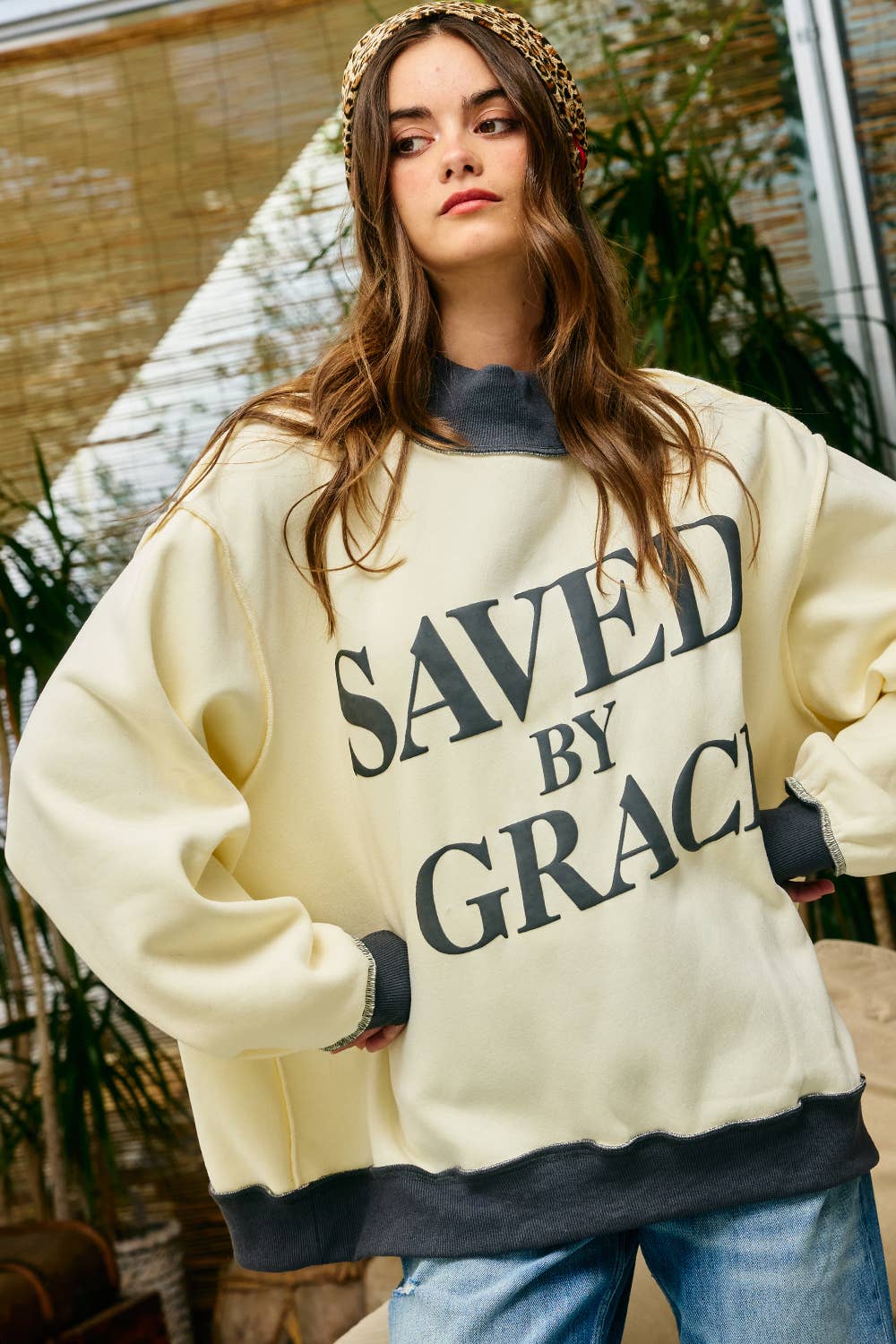 Saved by Grace Puff Print Mockneck Sweatshirt