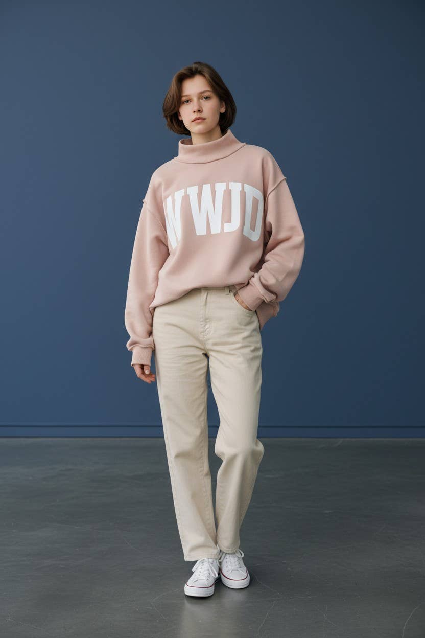 'WWJD & AMEN' Reversible Mock Neck Sweatshirt: PINK/WHITE