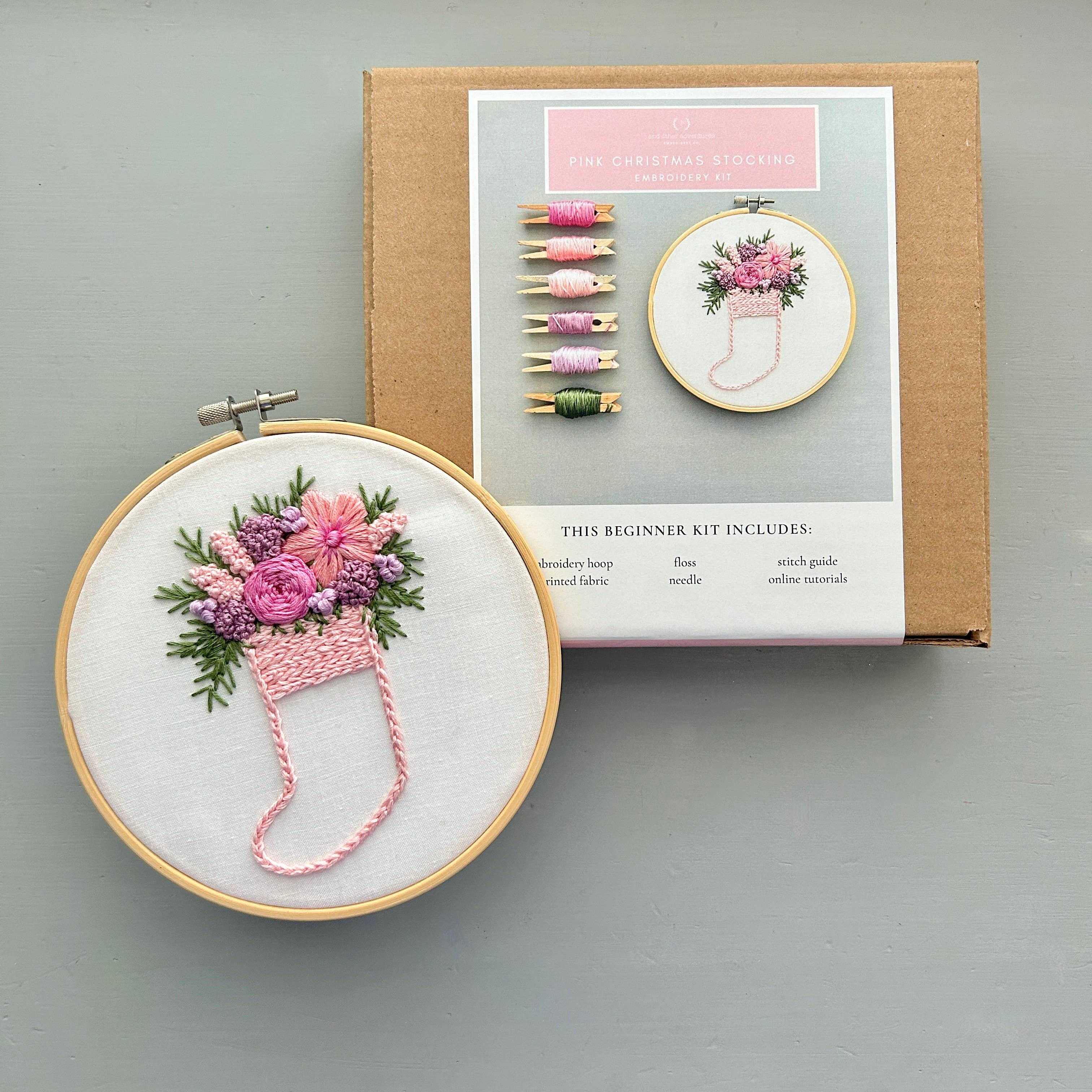 Hand Embroidery Kit - Pink Christmas Stocking