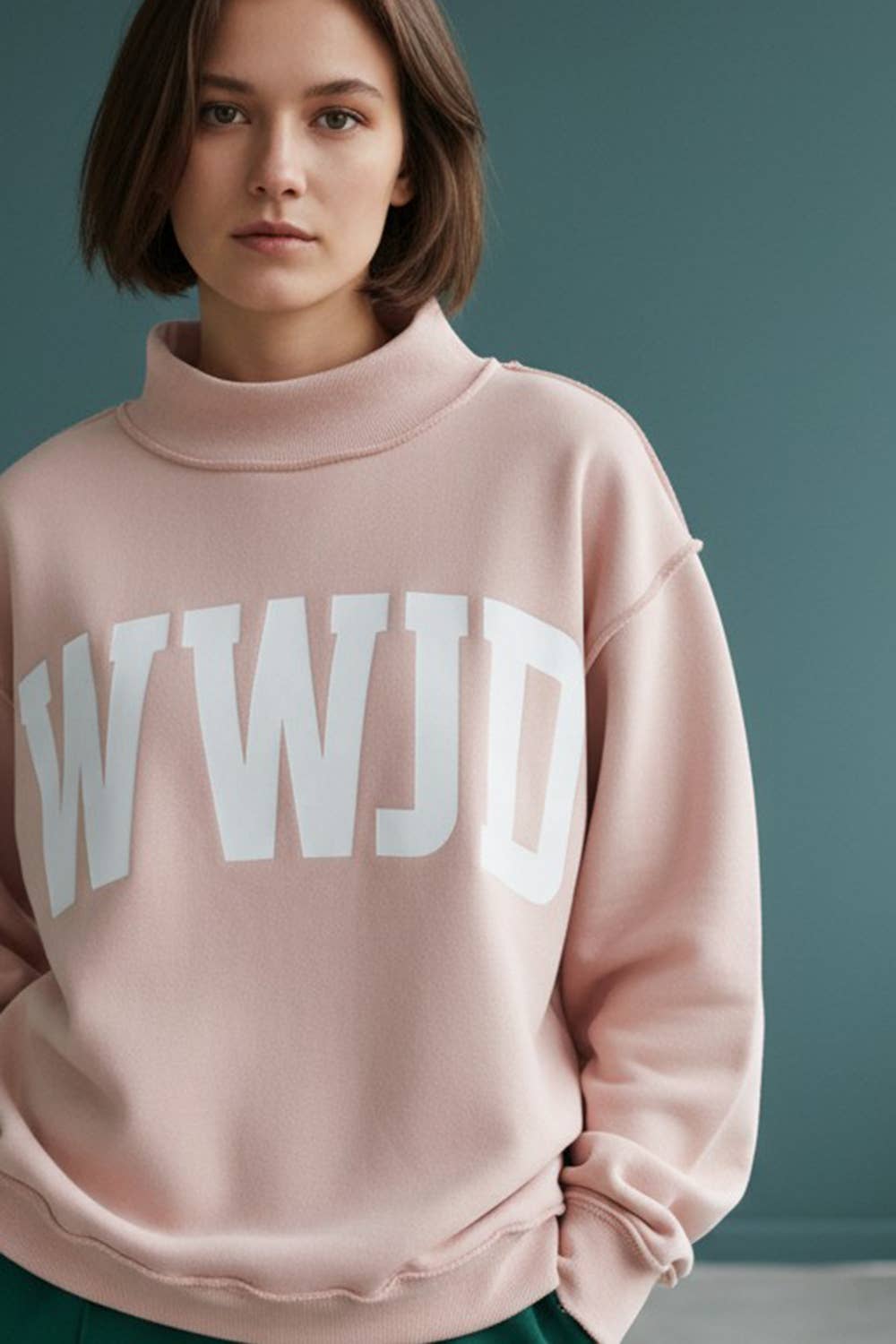 'WWJD & AMEN' Reversible Mock Neck Sweatshirt: PINK/WHITE