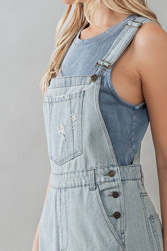 DISTRESSED WIDE LEG FLARE DENIM OVERALLS