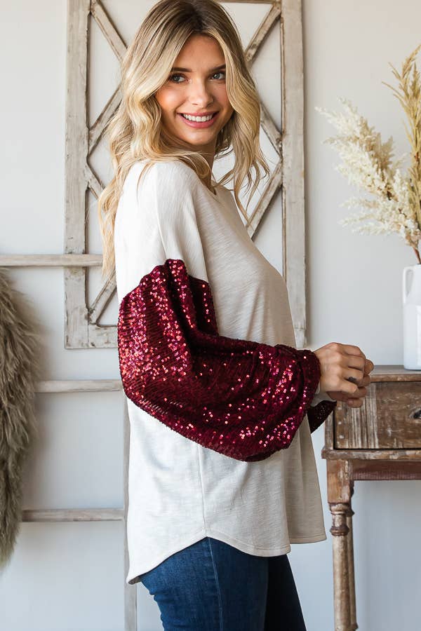 Sequin Sleeve Top - Cream/Crimson Sequin