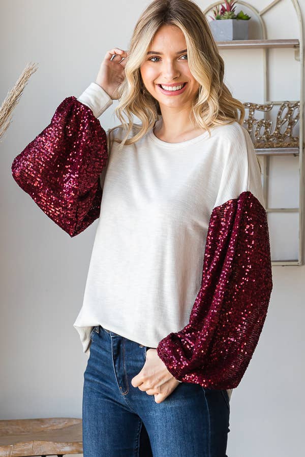 Sequin Sleeve Top - Cream/Crimson Sequin