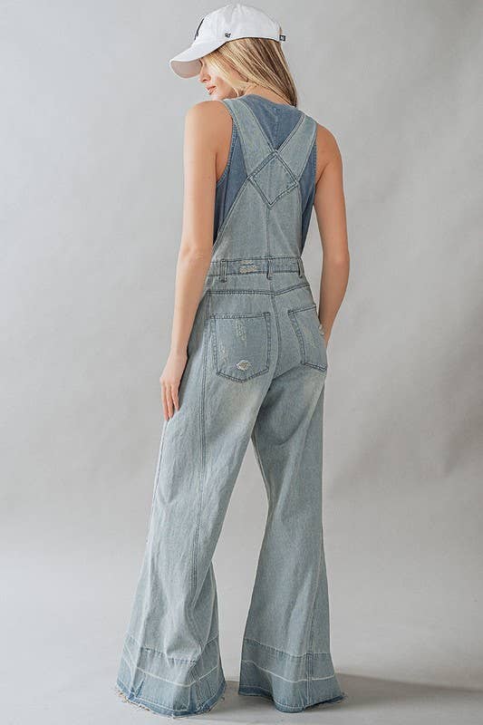 DISTRESSED WIDE LEG FLARE DENIM OVERALLS