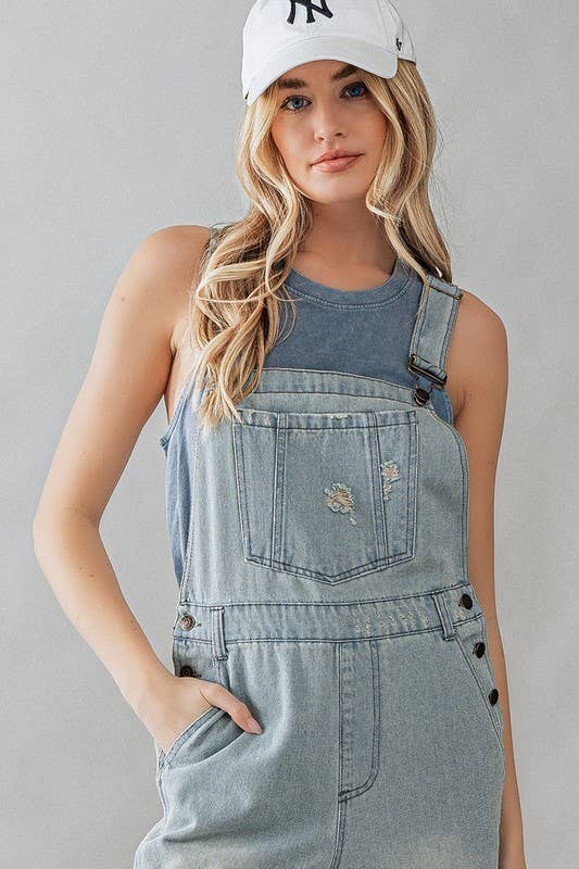 DISTRESSED WIDE LEG FLARE DENIM OVERALLS