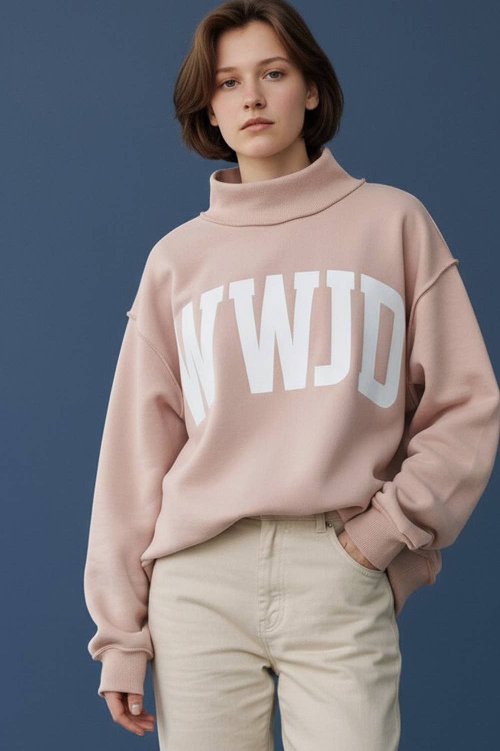 'WWJD & AMEN' Reversible Mock Neck Sweatshirt: PINK/WHITE