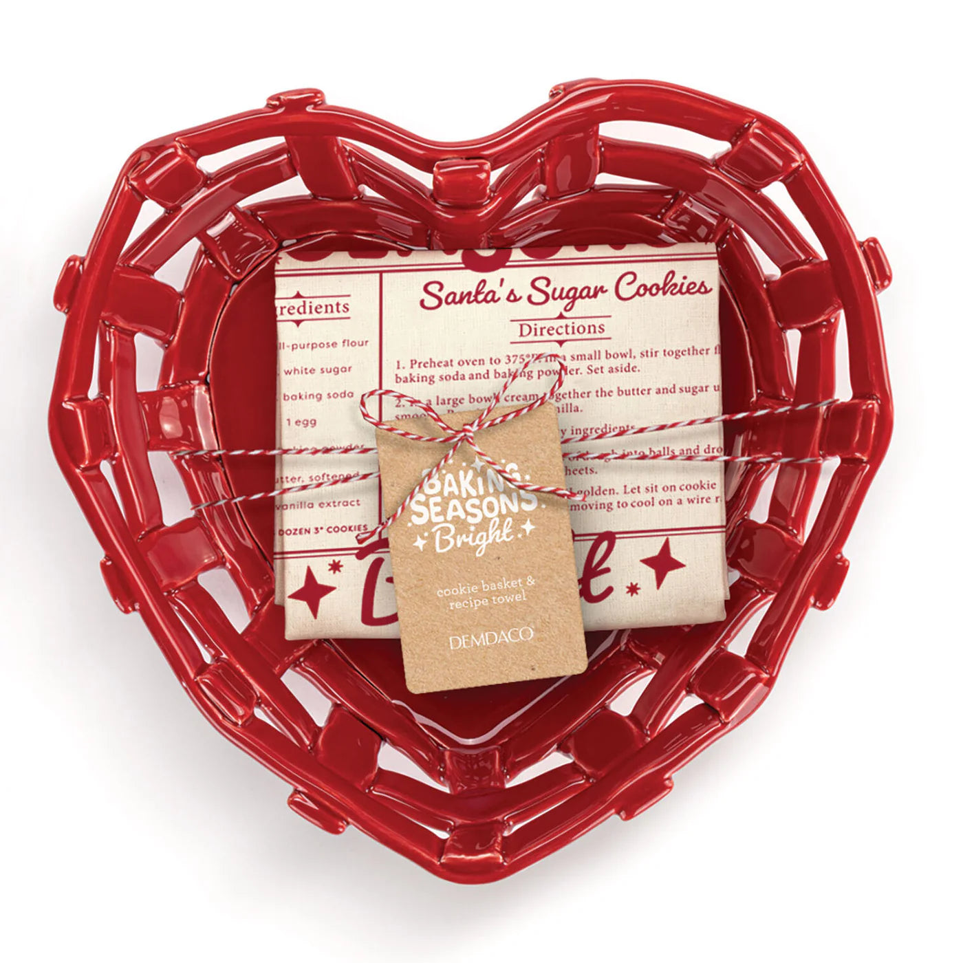 Ceramic Heart Basket with Christmas Cookie Towel