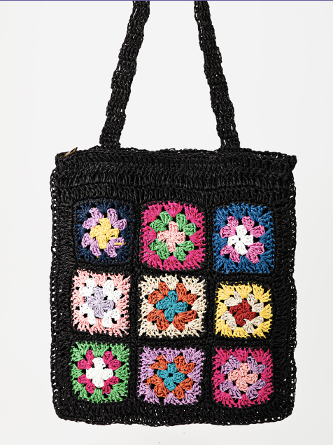 Straw Braided Floral Patch Tote Bag