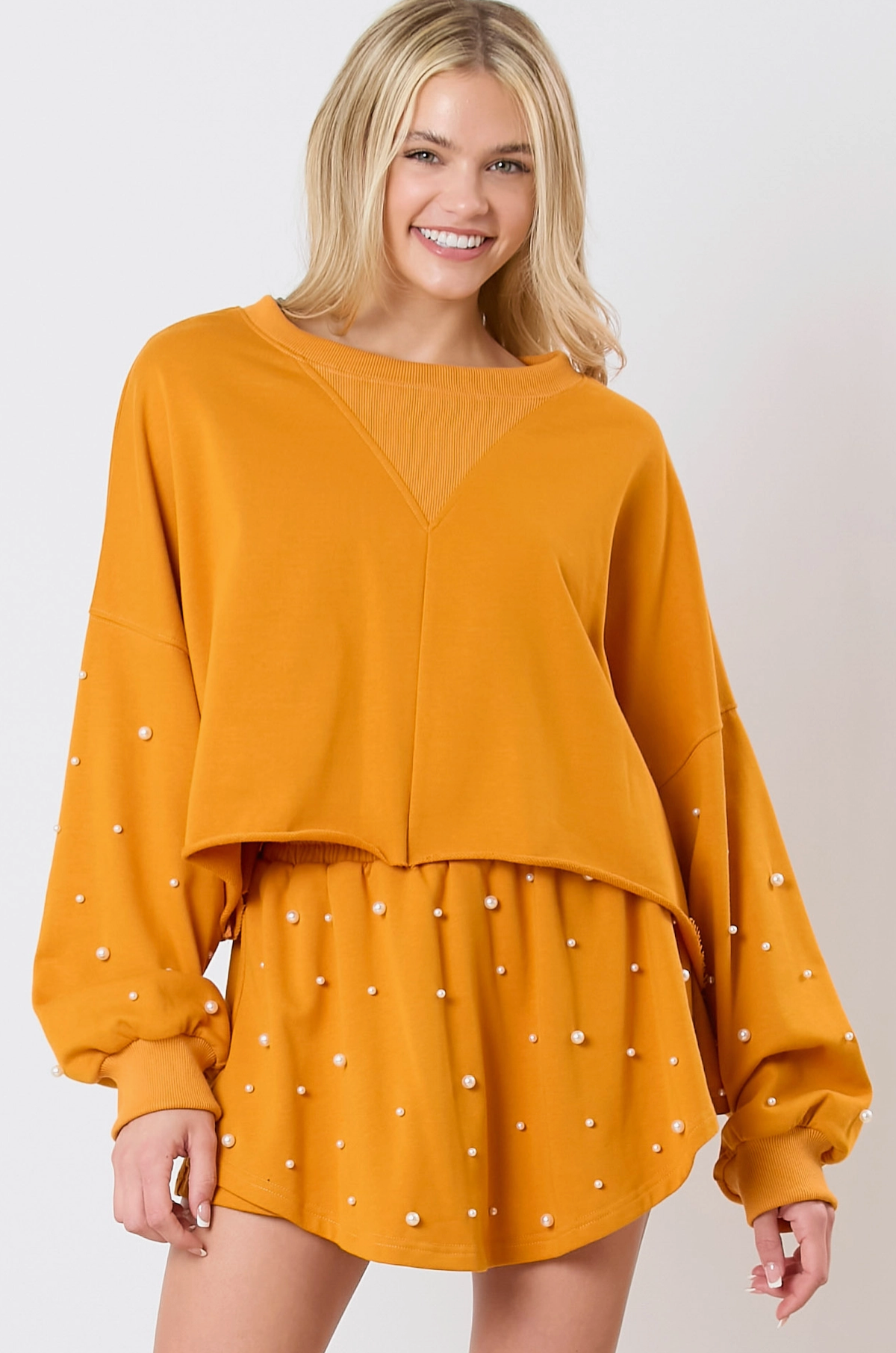Cozy Pearl Studded Crop Sweatshirt