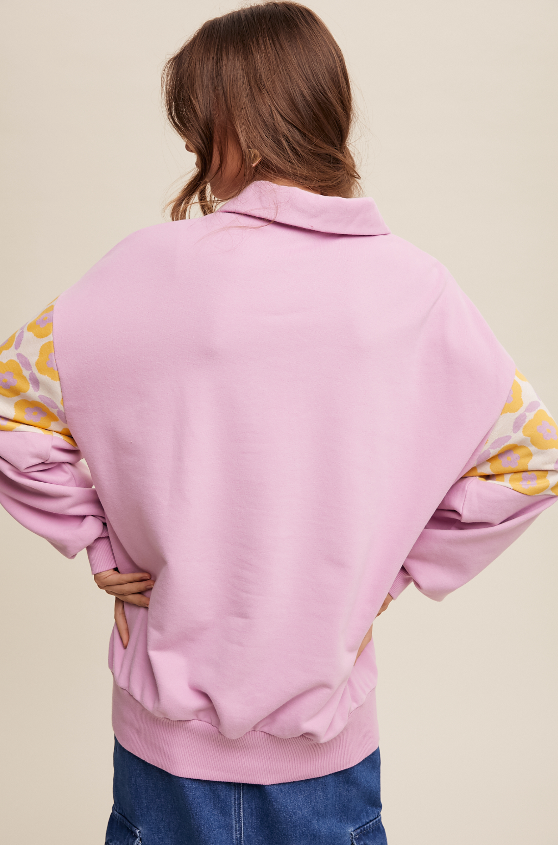 Flower Printed Half Zip Up Knit Top