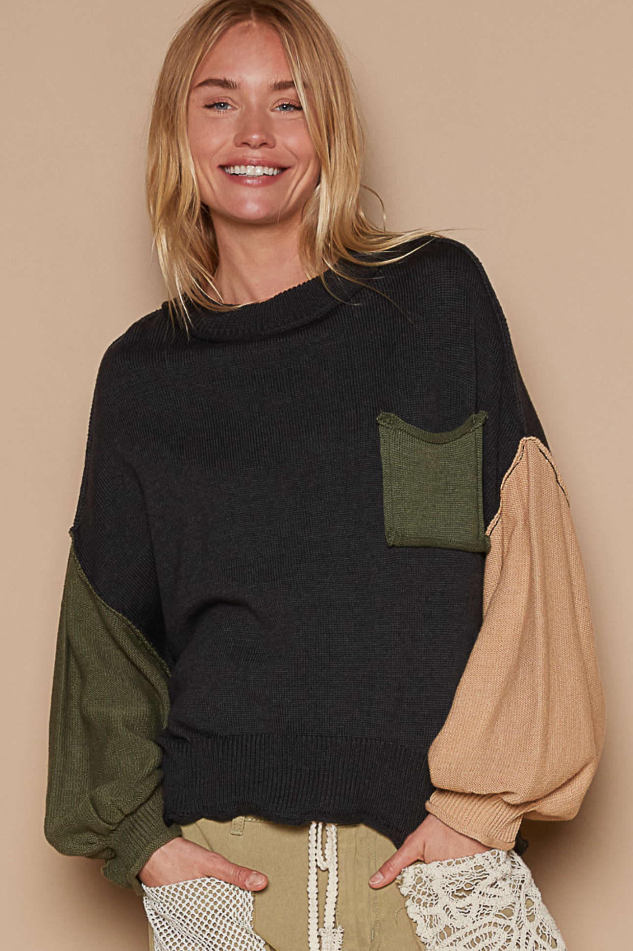 Color Block Balloon Sleeve Sweater