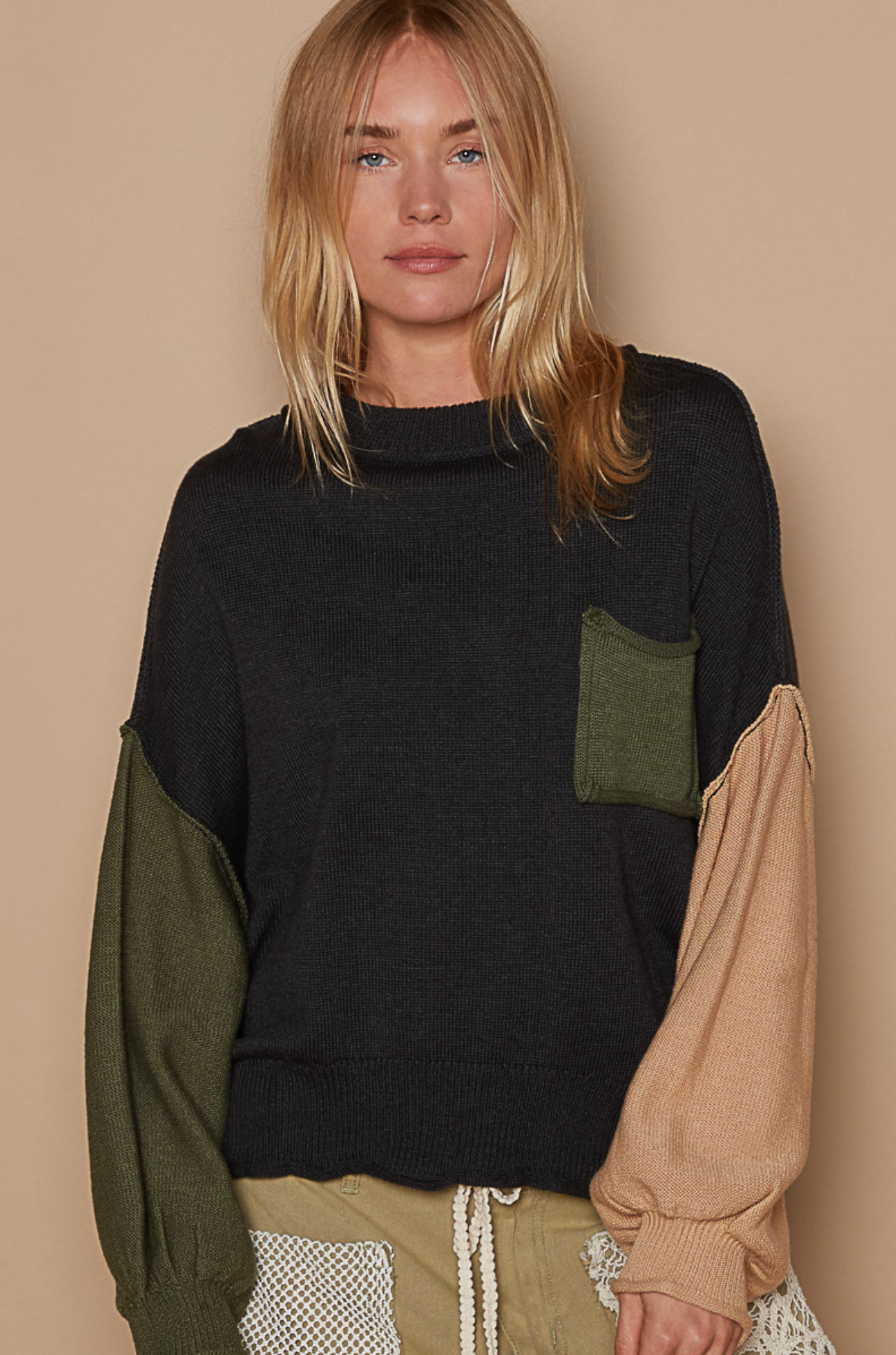 Color Block Balloon Sleeve Sweater