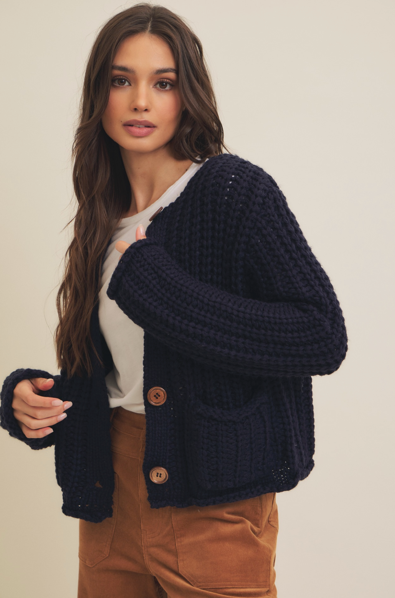 Button-Down Chunky Sweater Cardigan with Pockets
