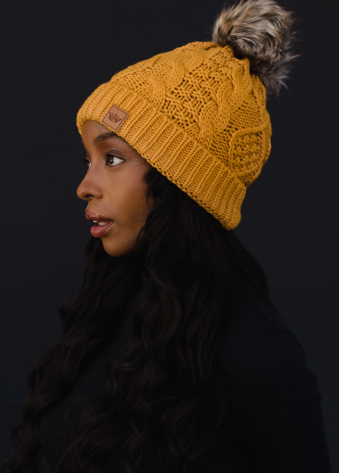 Gold Cable Knit Pom Hat