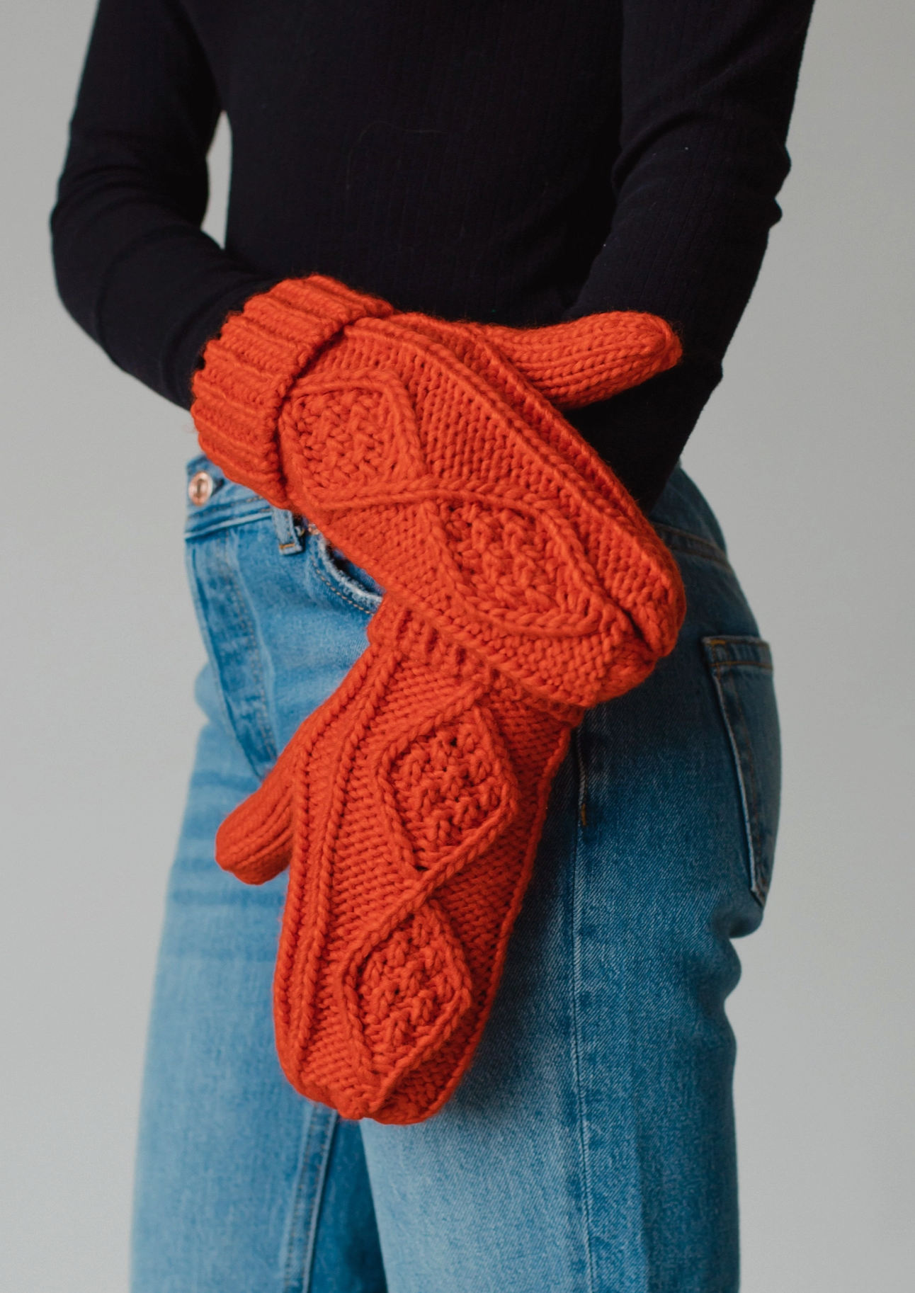 Orange Cable Knit Mittens