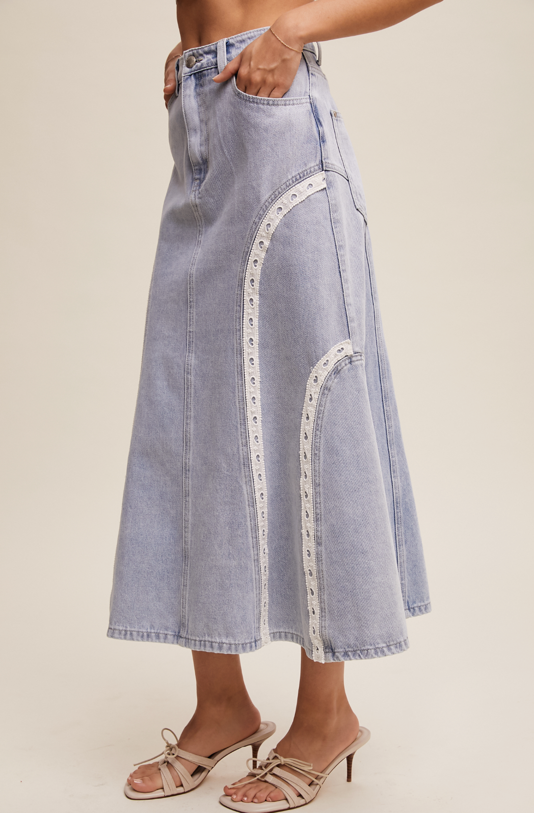 Lace Detail Mermaid Denim Maxi Skirt