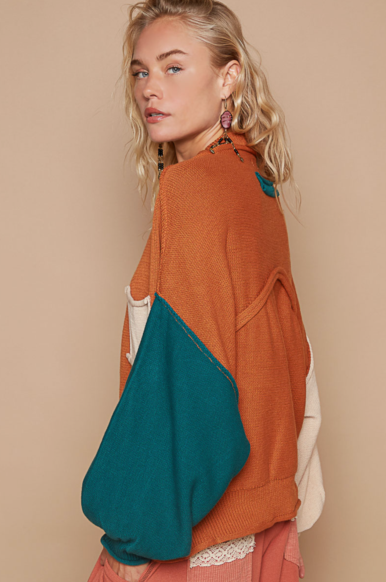 Color Block Balloon Sleeve Sweater