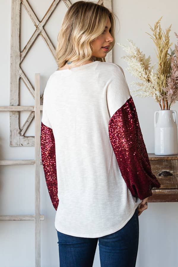 Sequin Sleeve Top - Cream/Crimson Sequin