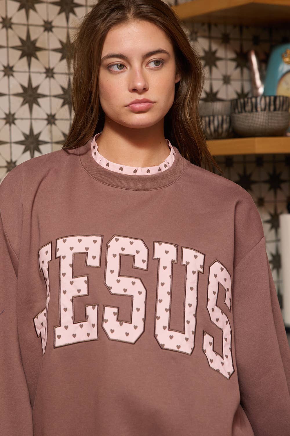 'JESUS' Heart Applique Varsity Sweatshirt