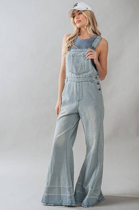 DISTRESSED WIDE LEG FLARE DENIM OVERALLS