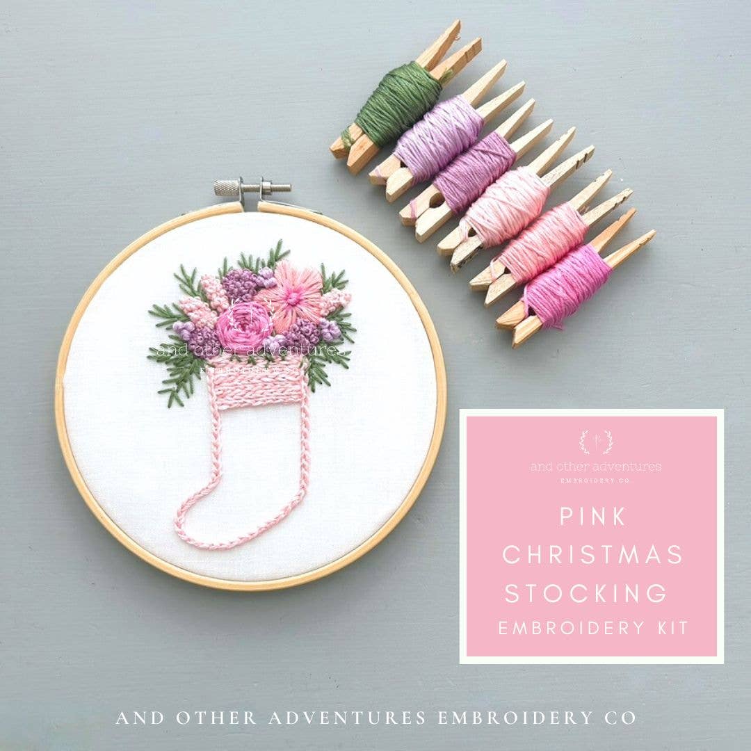 Hand Embroidery Kit - Pink Christmas Stocking