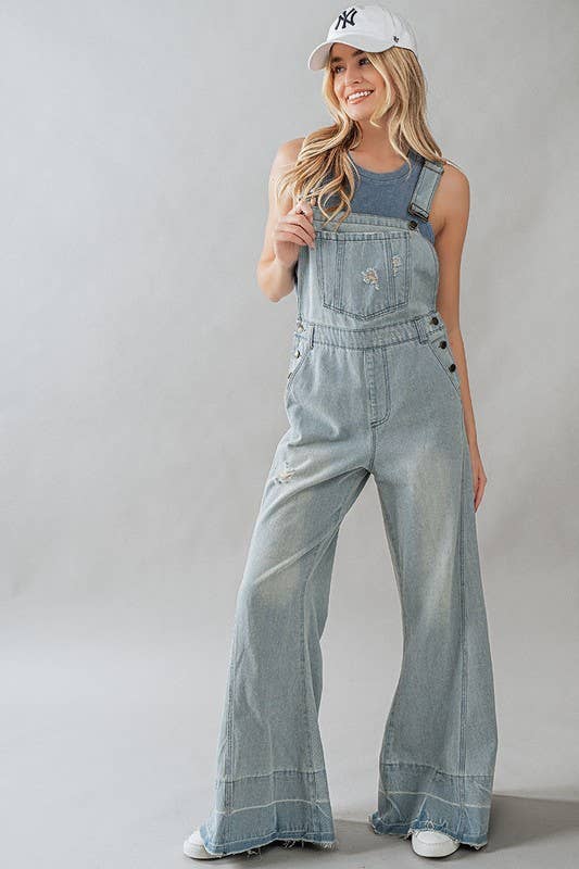 DISTRESSED WIDE LEG FLARE DENIM OVERALLS