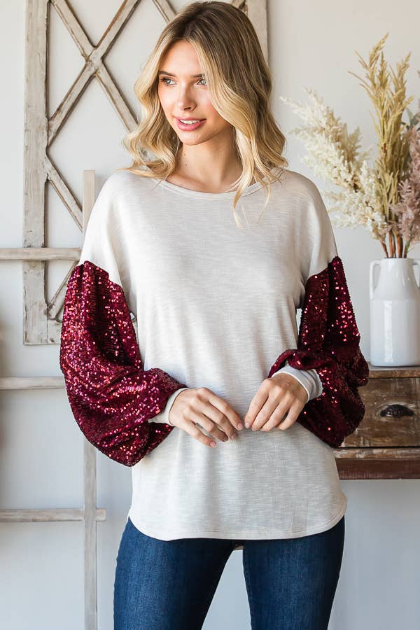 Sequin Sleeve Top - Cream/Crimson Sequin