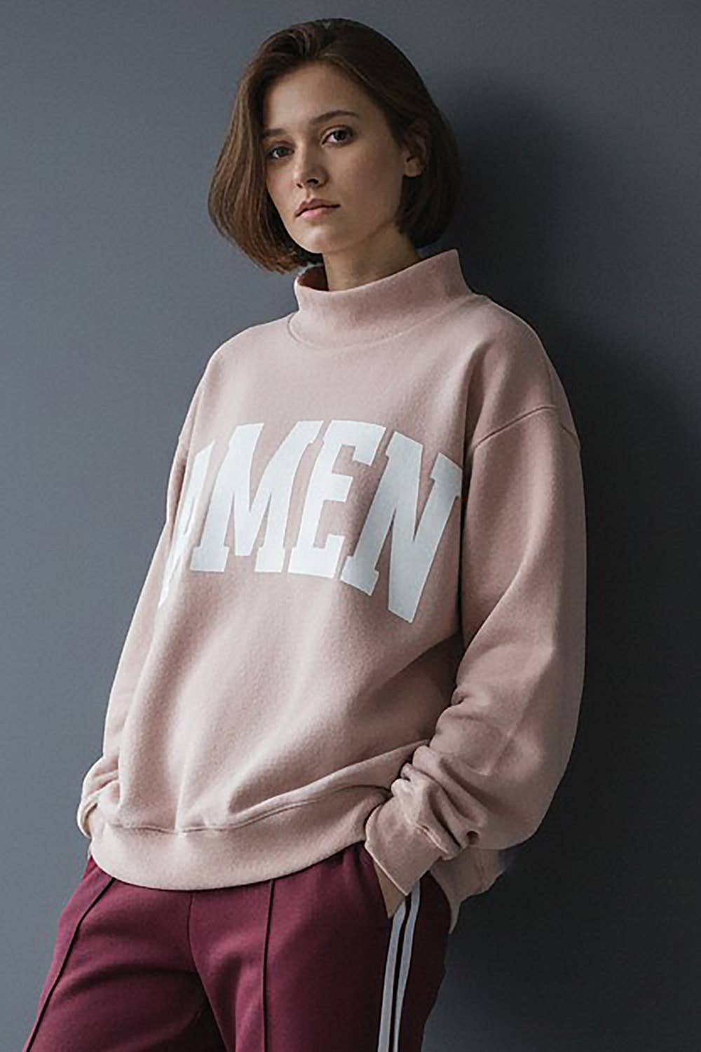 'WWJD & AMEN' Reversible Mock Neck Sweatshirt: PINK/WHITE