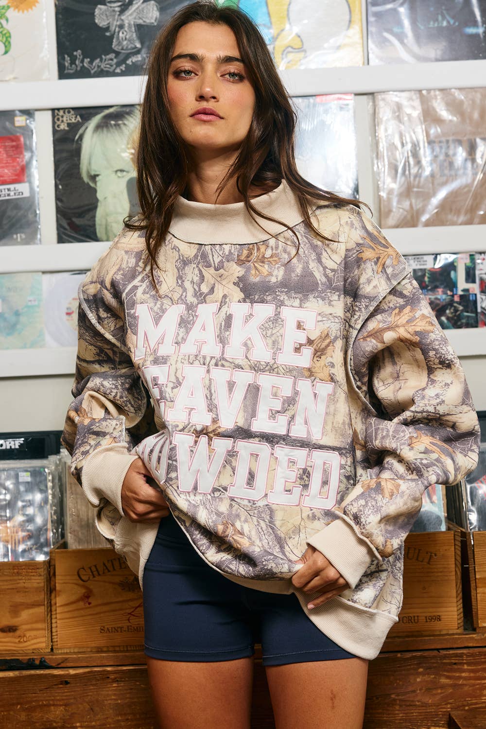 Make Heaven Crowded | Camo Appliqué Embroidery Mockneck Sweatshirt