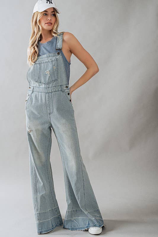 DISTRESSED WIDE LEG FLARE DENIM OVERALLS