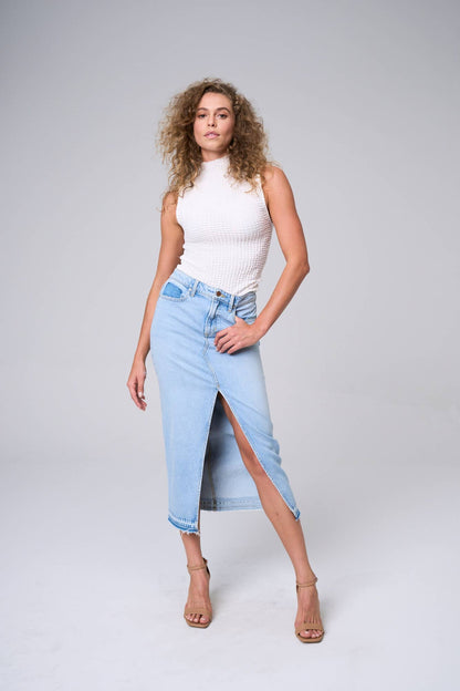 MAXI SKIRT W/FRONT SLIT & FRAYED HEM IN LIGHT