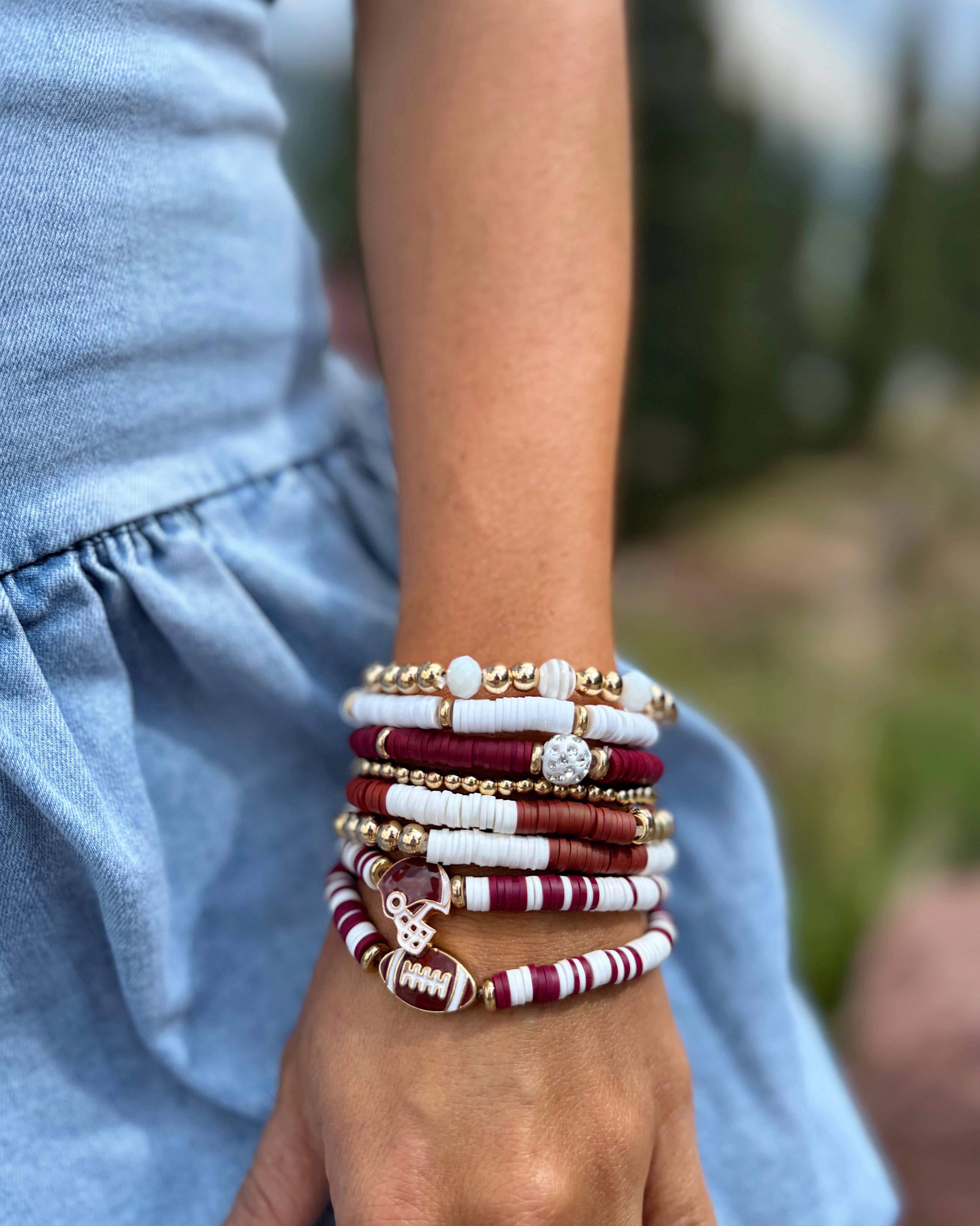 Crimson & White Rhinestone Football Helmet Bracelet Set