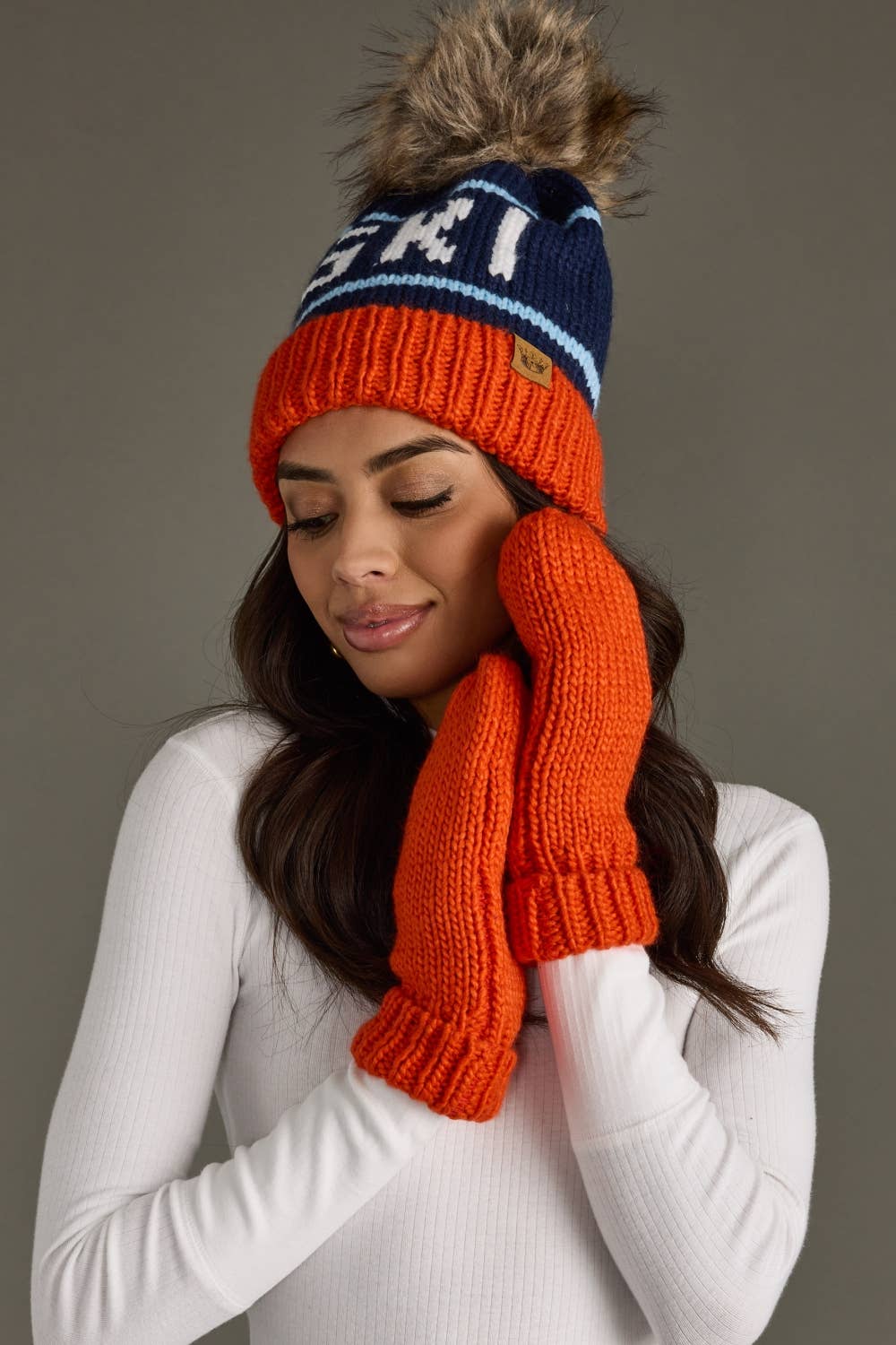 Orange Cuffed Knit Mittens