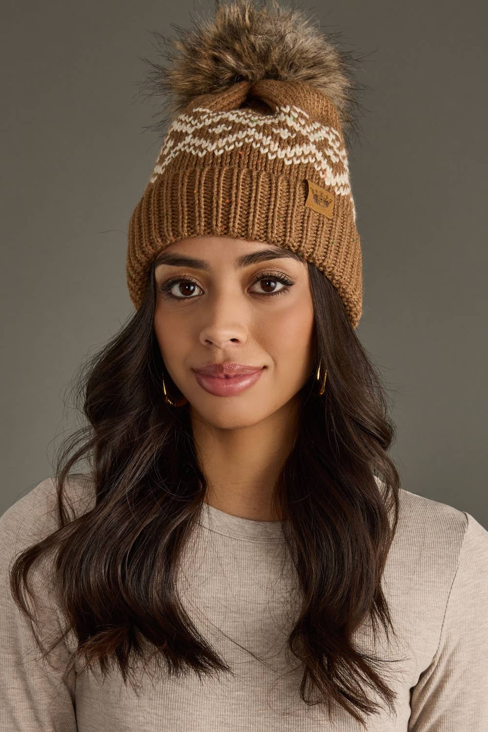Brown & Speckled Patterned Pom Hat