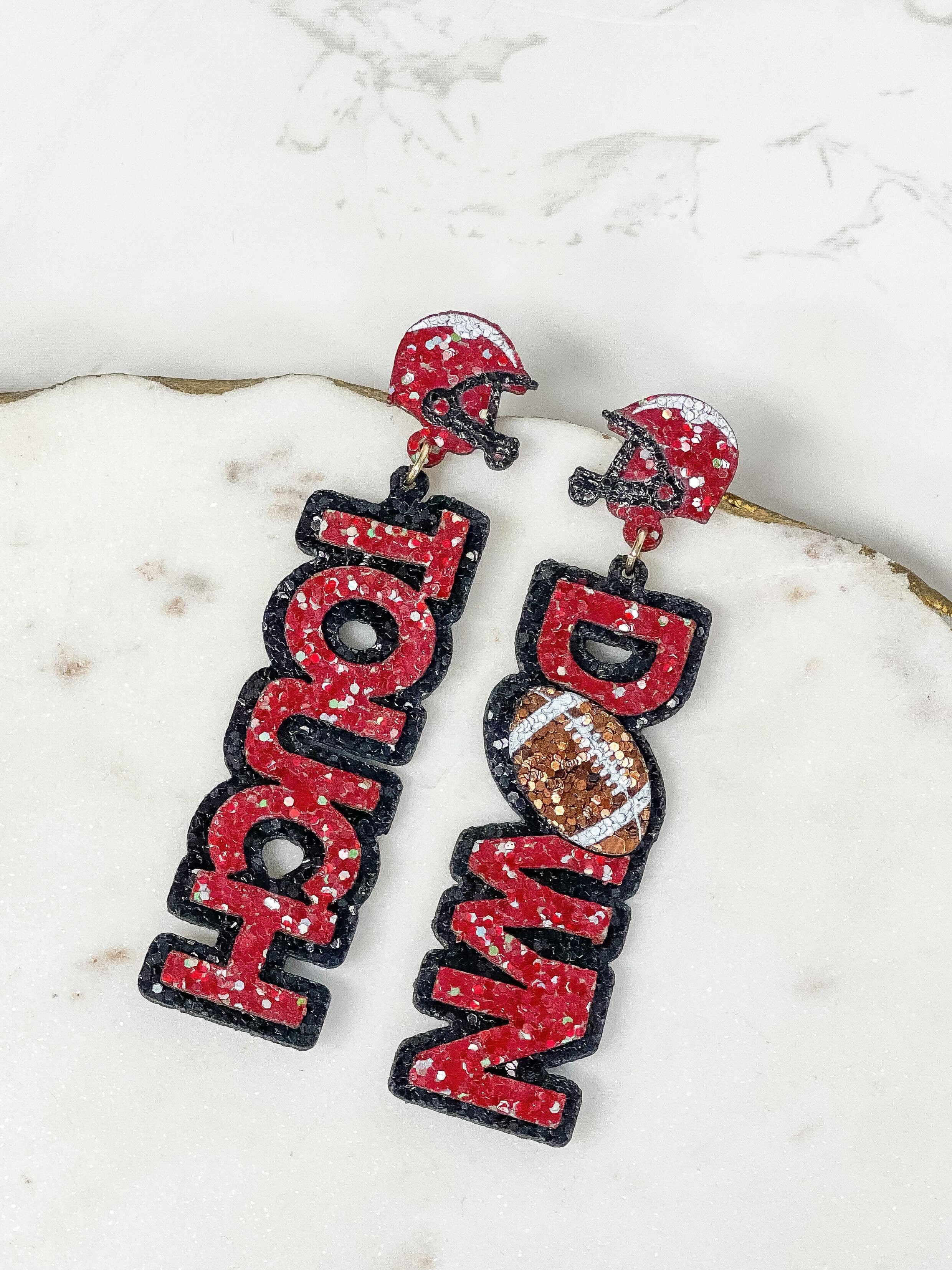 Glitter 'Touch Down' Football Earrings - Crimson & Black