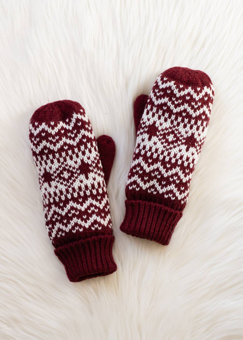 Burgundy & White Patterned Mittens