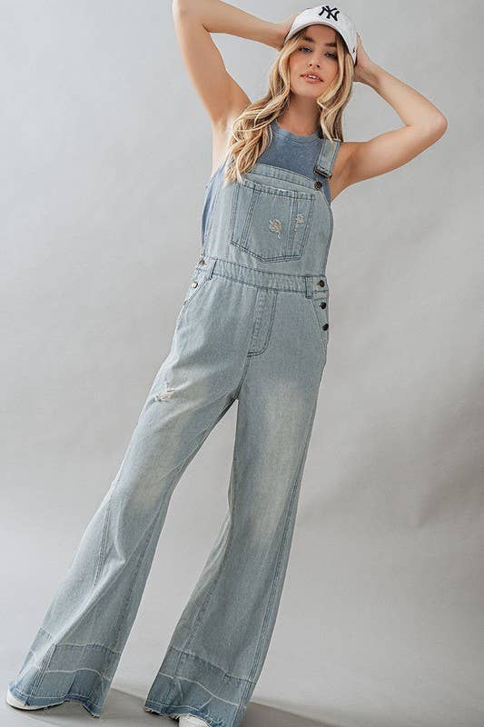 DISTRESSED WIDE LEG FLARE DENIM OVERALLS