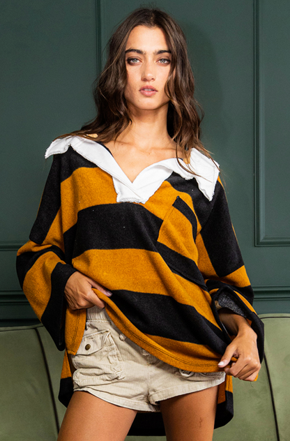OVERSIZED STRIPE PRINTED SPREAD NECK COLLARED TOP
