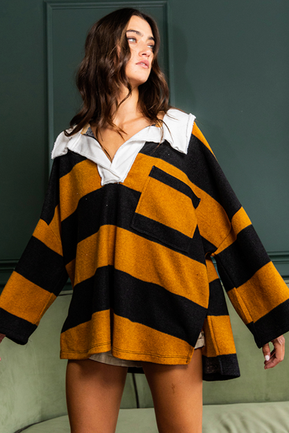 OVERSIZED STRIPE PRINTED SPREAD NECK COLLARED TOP