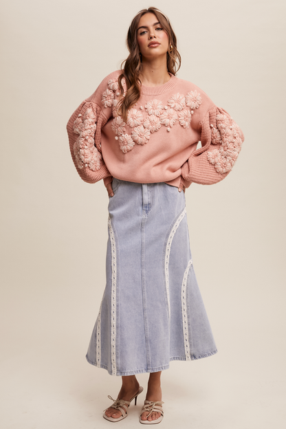 Lace Detail Mermaid Denim Maxi Skirt