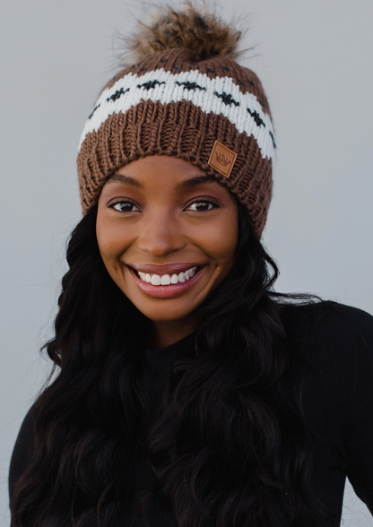 Light Brown Patterned Pom Hat