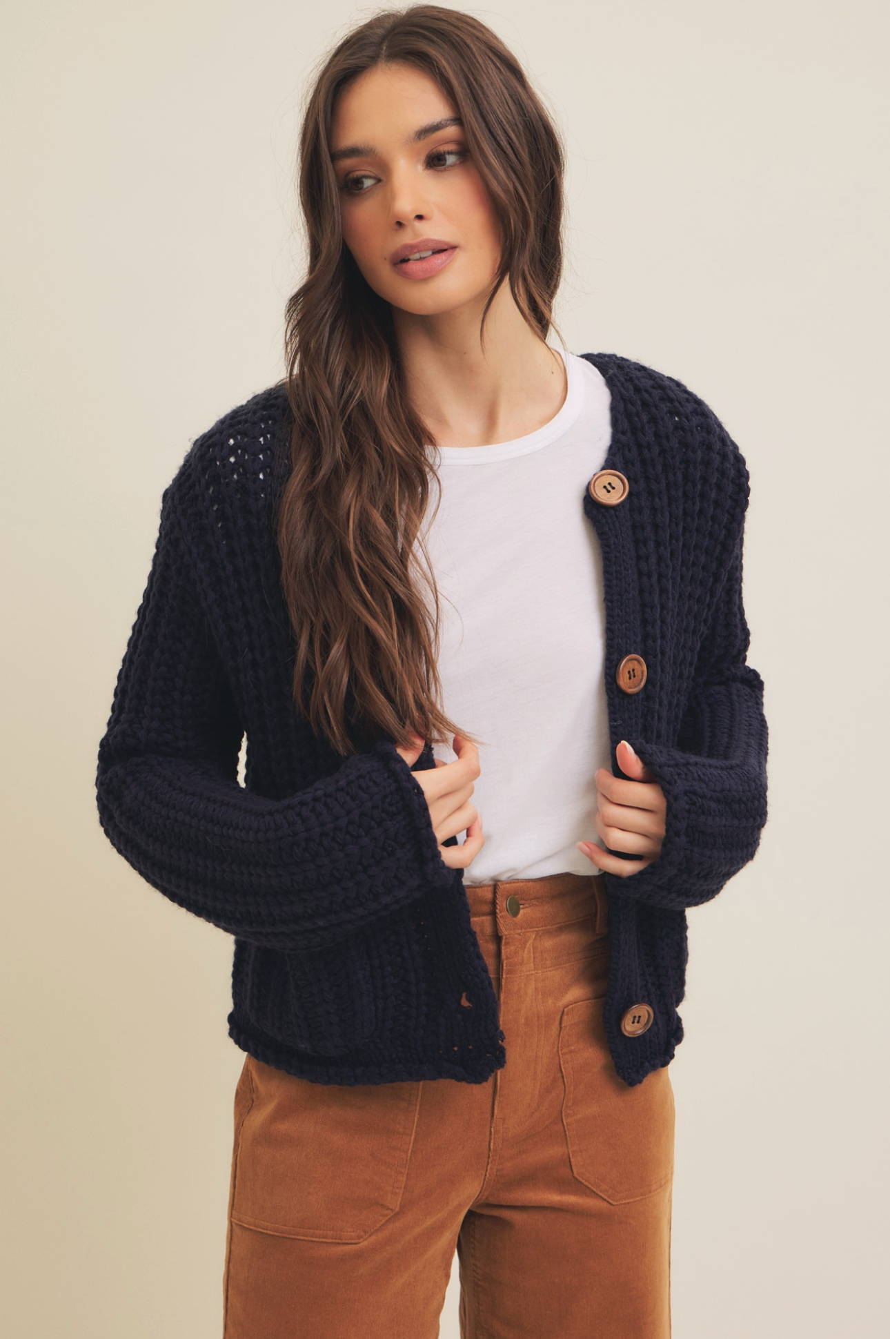 Button-Down Chunky Sweater Cardigan with Pockets