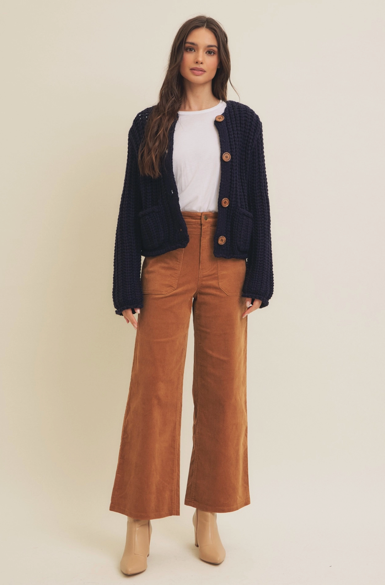 Button-Down Chunky Sweater Cardigan with Pockets