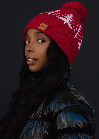 Red with White Trees Pom Beanie