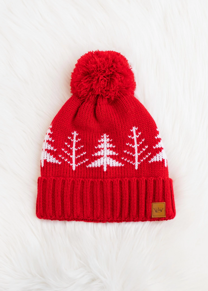 Red with White Trees Pom Beanie