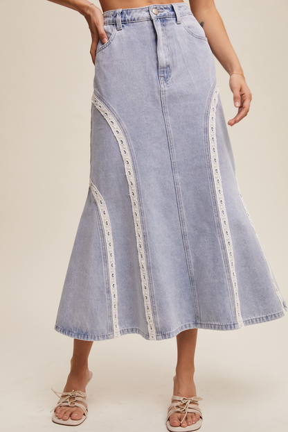 Lace Detail Mermaid Denim Maxi Skirt