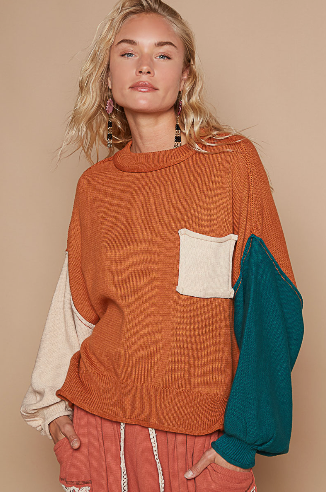 Color Block Balloon Sleeve Sweater