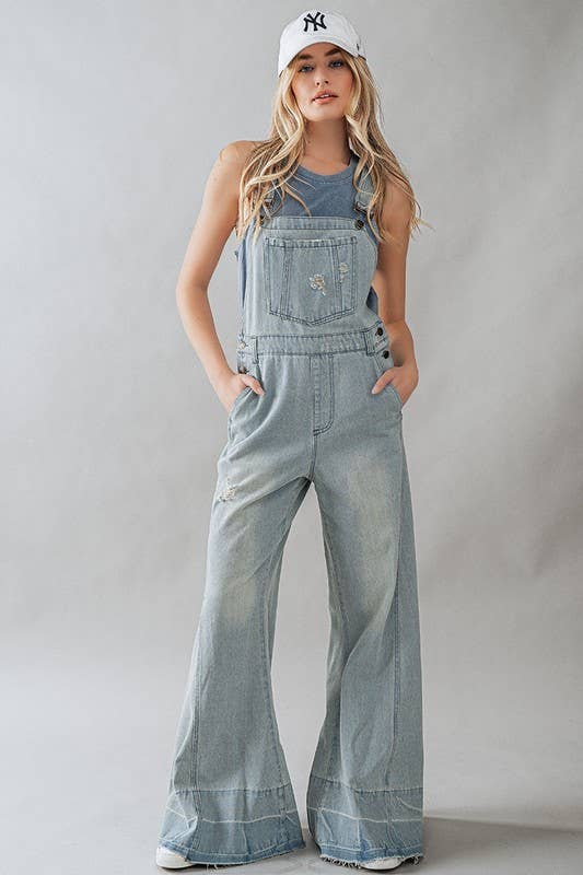 DISTRESSED WIDE LEG FLARE DENIM OVERALLS