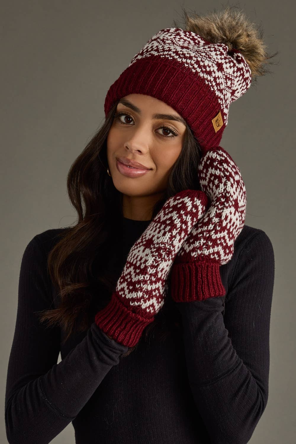 Burgundy & White Patterned Mittens