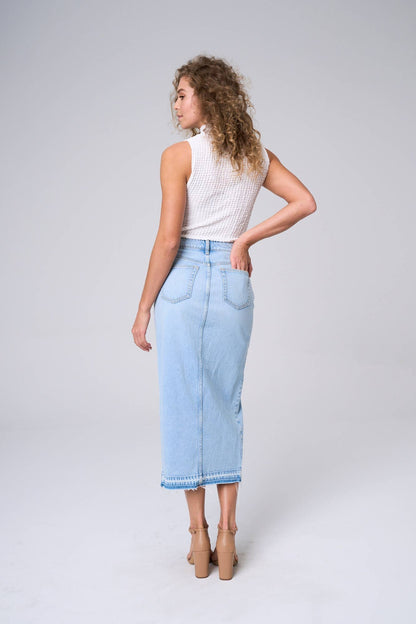 MAXI SKIRT W/FRONT SLIT & FRAYED HEM IN LIGHT